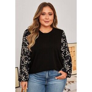 Bow Patchwork Long Sleeve Blouse - Plus